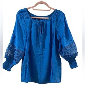 NWT Unique Spectrum Royal Blue Blouse with Lace Sleeves! SZ Large